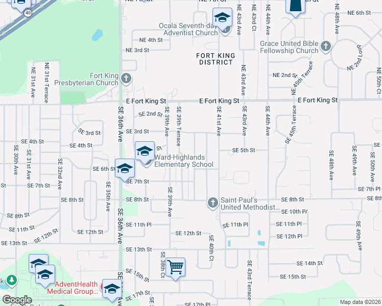 map of restaurants, bars, coffee shops, grocery stores, and more near 501 Southeast 39th Terrace in Ocala