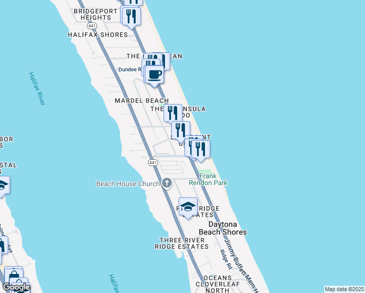 map of restaurants, bars, coffee shops, grocery stores, and more near 2624 South Atlantic Avenue in Daytona Beach