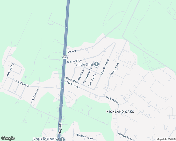 map of restaurants, bars, coffee shops, grocery stores, and more near 23003 Pocahontas Drive in San Antonio