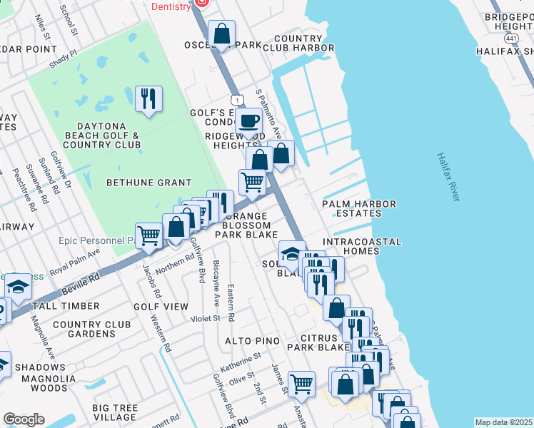 map of restaurants, bars, coffee shops, grocery stores, and more near 321 Rutledge Avenue in South Daytona