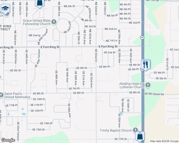 map of restaurants, bars, coffee shops, grocery stores, and more near 404 Southeast 52nd Avenue in Ocala