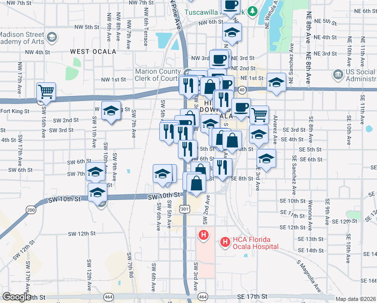 map of restaurants, bars, coffee shops, grocery stores, and more near 509 South Pine Avenue in Ocala