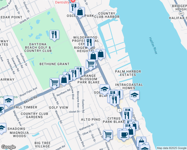 map of restaurants, bars, coffee shops, grocery stores, and more near 321 Rutledge Avenue in South Daytona