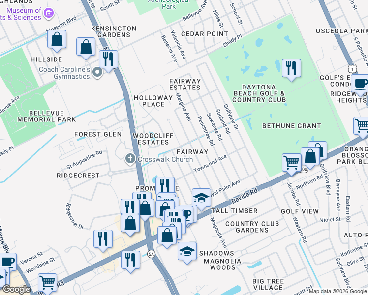 map of restaurants, bars, coffee shops, grocery stores, and more near 1301 Ruthbern Rd in Daytona Beach