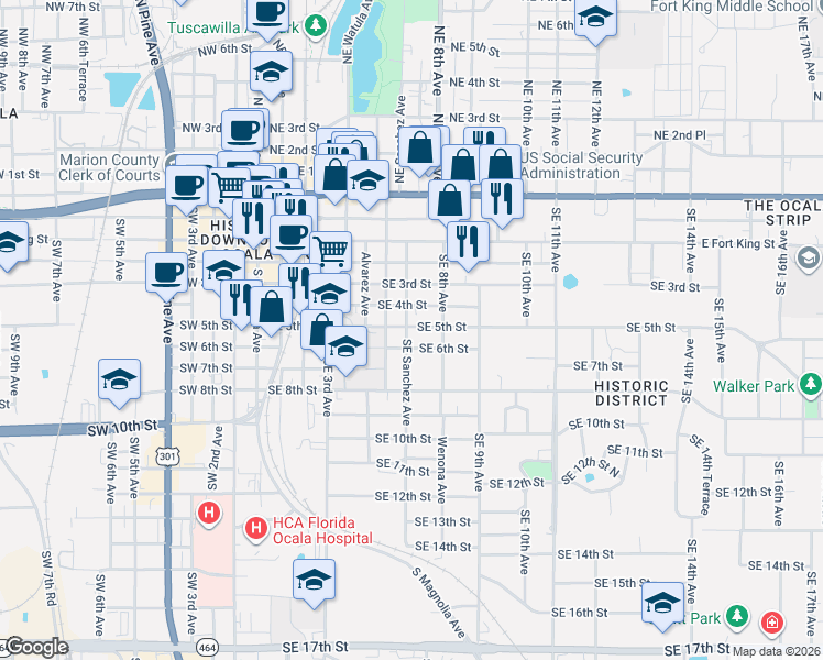 map of restaurants, bars, coffee shops, grocery stores, and more near 505 Southeast Sanchez Avenue in Ocala