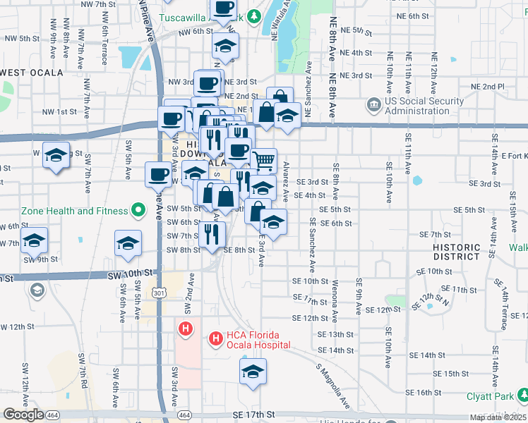 map of restaurants, bars, coffee shops, grocery stores, and more near 526 Northeast Tuscawilla Street in Ocala