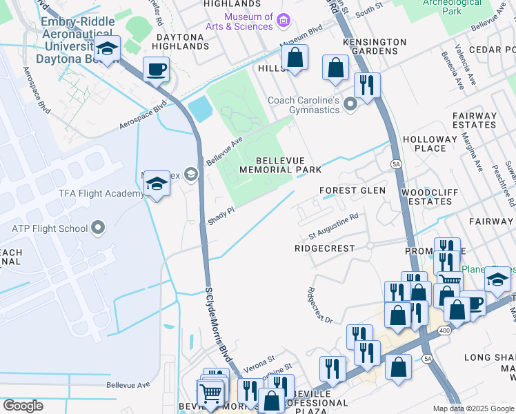 map of restaurants, bars, coffee shops, grocery stores, and more near 1479 Shady Place in Daytona Beach