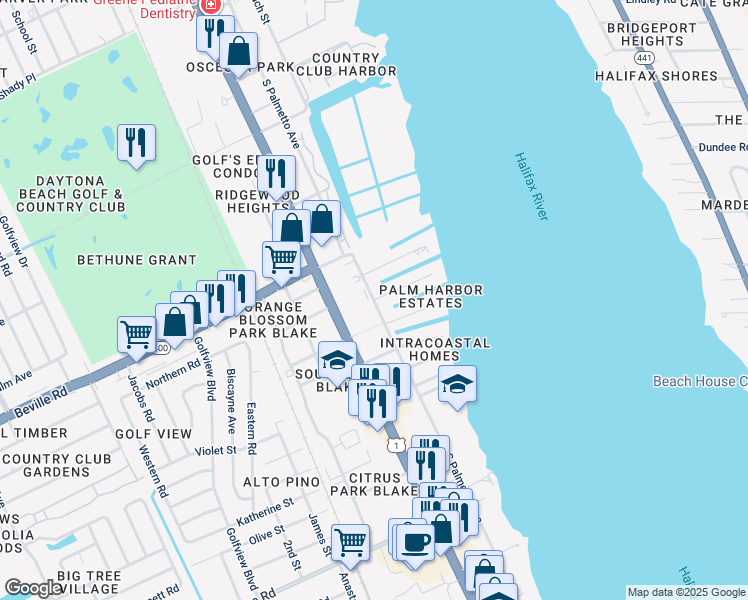 map of restaurants, bars, coffee shops, grocery stores, and more near 1644 South Palmetto Avenue in South Daytona