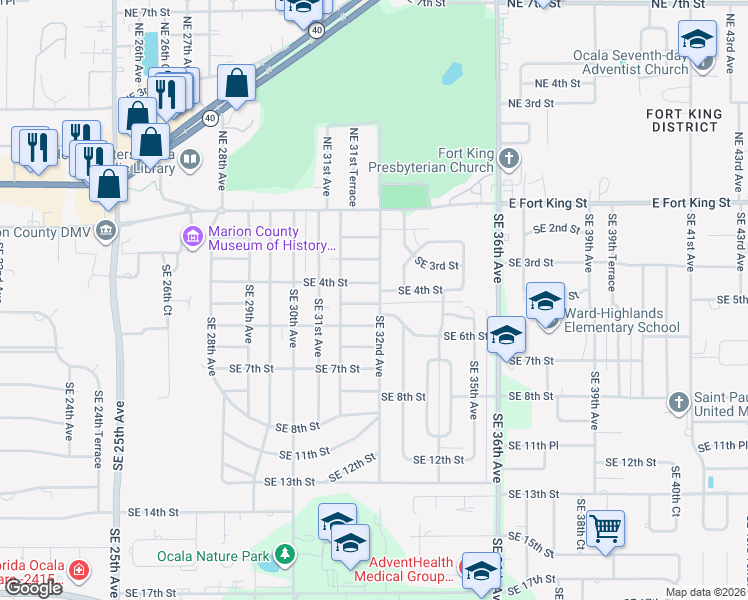 map of restaurants, bars, coffee shops, grocery stores, and more near 3175 Southeast 5th Street in Ocala