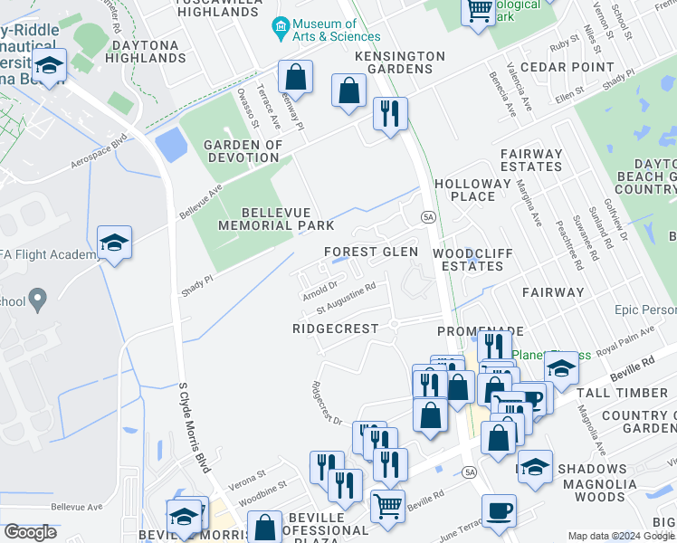 map of restaurants, bars, coffee shops, grocery stores, and more near 408 Sheila Avenue in Daytona Beach