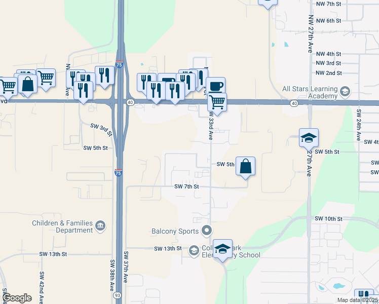 map of restaurants, bars, coffee shops, grocery stores, and more near 19 Southwest 4th Street in Ocala