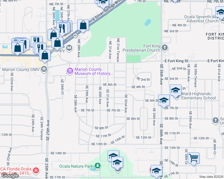map of restaurants, bars, coffee shops, grocery stores, and more near 3129 Southeast 5th Street in Ocala