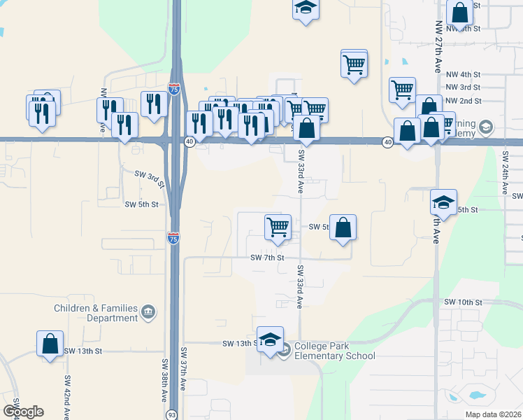 map of restaurants, bars, coffee shops, grocery stores, and more near 19 Southwest 4th Street in Ocala