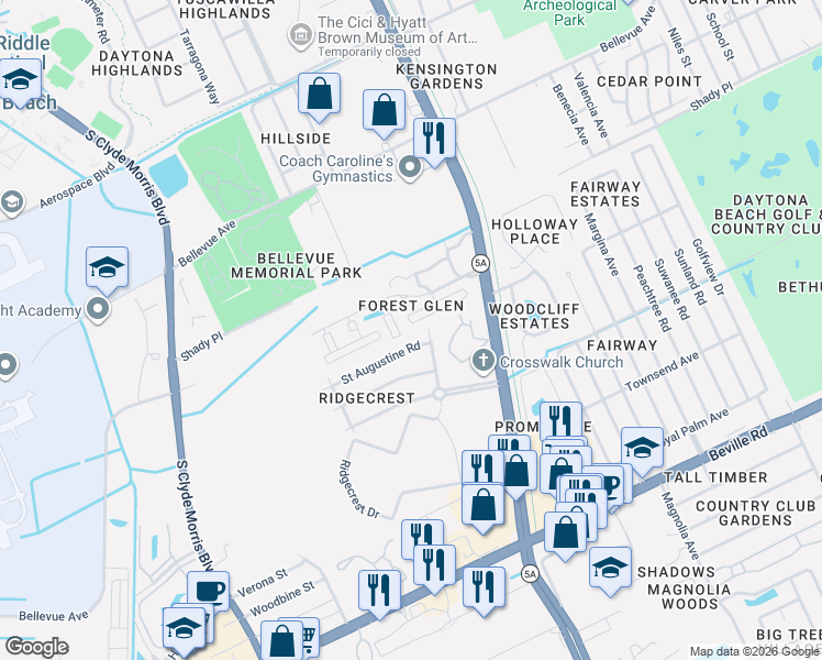 map of restaurants, bars, coffee shops, grocery stores, and more near 133 Oak Tree Circle in Daytona Beach