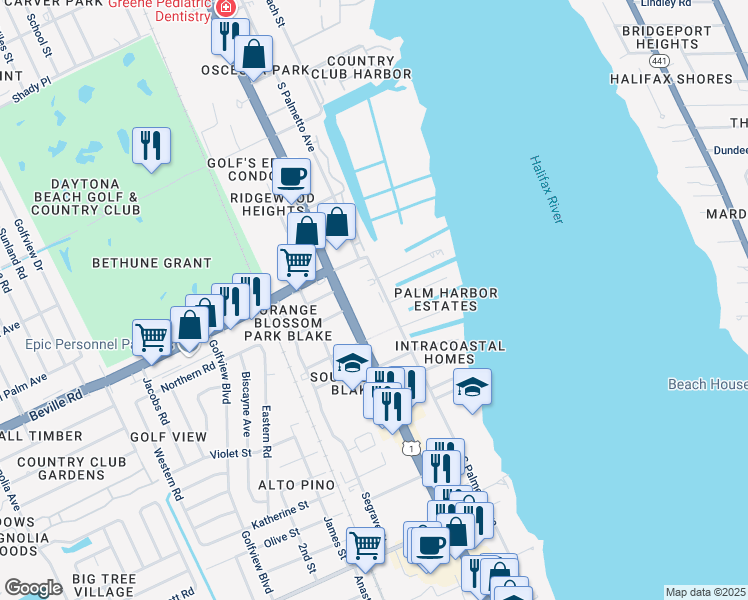 map of restaurants, bars, coffee shops, grocery stores, and more near 1648 South Palmetto Avenue in South Daytona