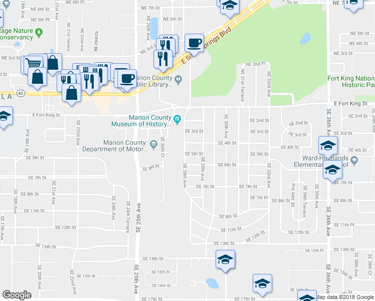 map of restaurants, bars, coffee shops, grocery stores, and more near 419 Southeast 28th Avenue in Ocala