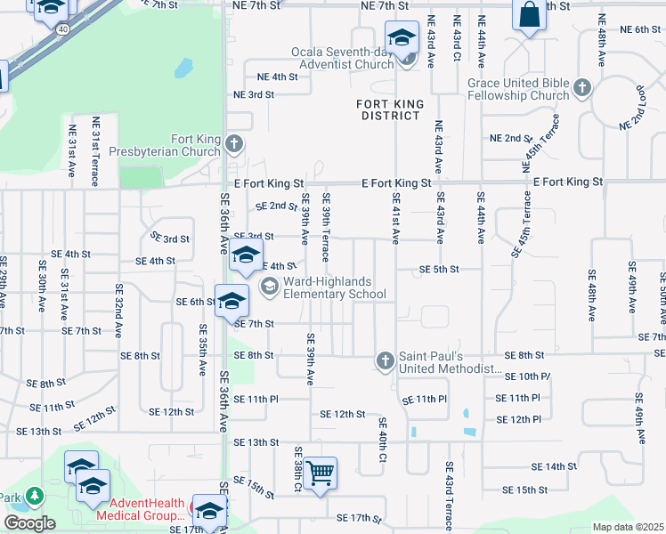 map of restaurants, bars, coffee shops, grocery stores, and more near 501 Southeast 39th Terrace in Ocala