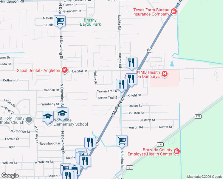 map of restaurants, bars, coffee shops, grocery stores, and more near 8 Texian Trail South in Angleton