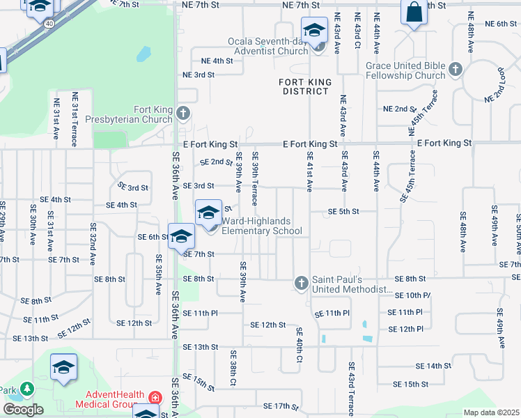 map of restaurants, bars, coffee shops, grocery stores, and more near 501 Southeast 39th Terrace in Ocala