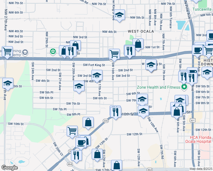map of restaurants, bars, coffee shops, grocery stores, and more near 1639 Southwest 5th Street in Ocala