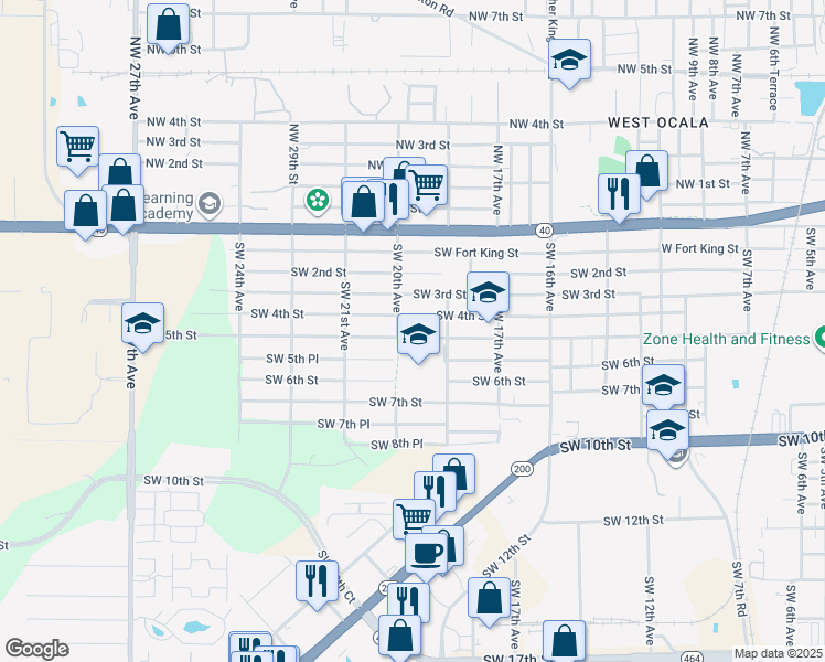 map of restaurants, bars, coffee shops, grocery stores, and more near 1937 Southwest 5th Street in Ocala