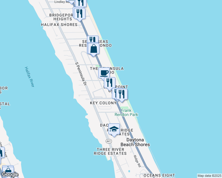 map of restaurants, bars, coffee shops, grocery stores, and more near 2624 South Atlantic Avenue in Daytona Beach