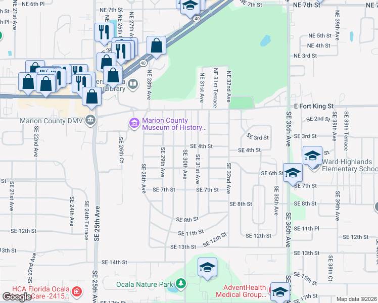 map of restaurants, bars, coffee shops, grocery stores, and more near 428 Southeast 31st Avenue in Ocala