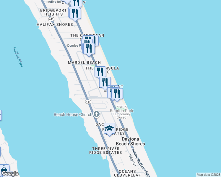 map of restaurants, bars, coffee shops, grocery stores, and more near 2617 South Atlantic Avenue in Daytona Beach Shores