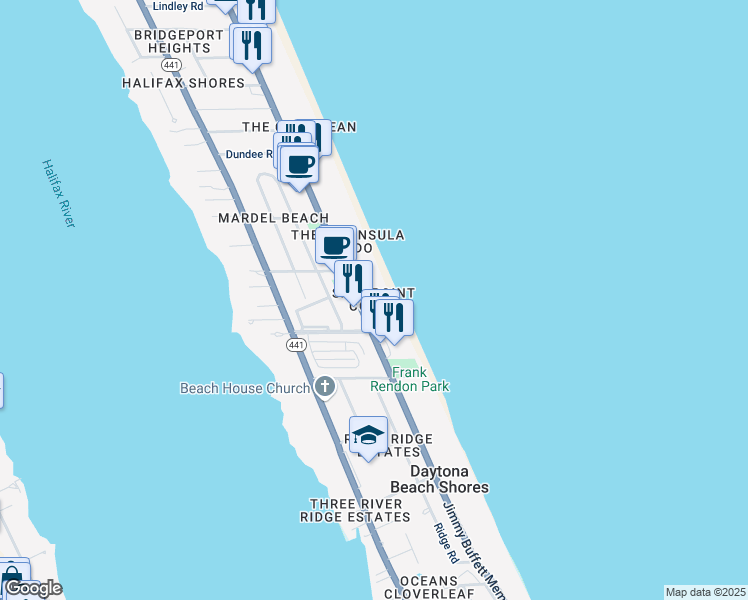 map of restaurants, bars, coffee shops, grocery stores, and more near 2617 South Atlantic Avenue in Daytona Beach Shores