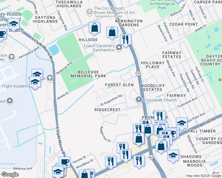 map of restaurants, bars, coffee shops, grocery stores, and more near 408 Sheila Avenue in Daytona Beach