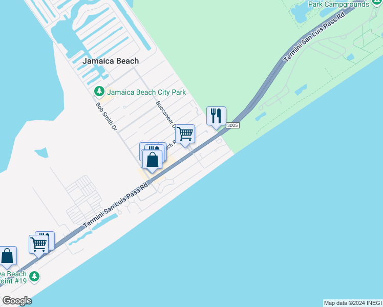 map of restaurants, bars, coffee shops, grocery stores, and more near 11947 San Luis Pass Road in Jamaica Beach
