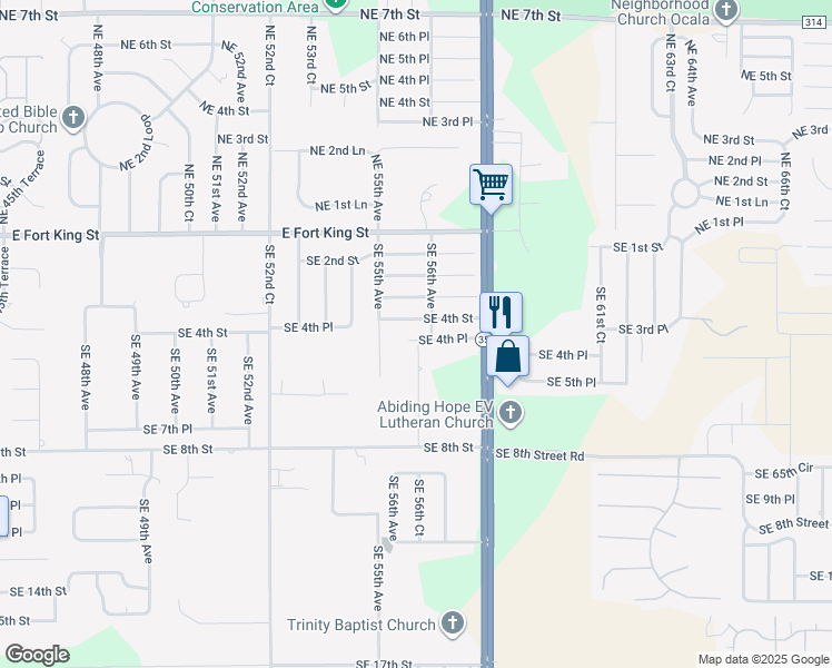 map of restaurants, bars, coffee shops, grocery stores, and more near 5601 Southeast 4th Place in Ocala
