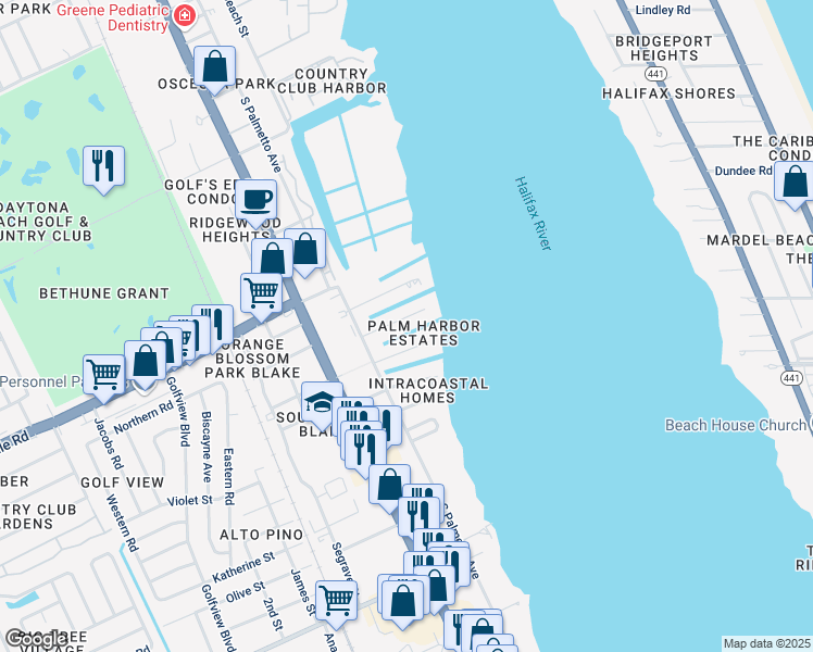map of restaurants, bars, coffee shops, grocery stores, and more near 142 Reef Road in South Daytona
