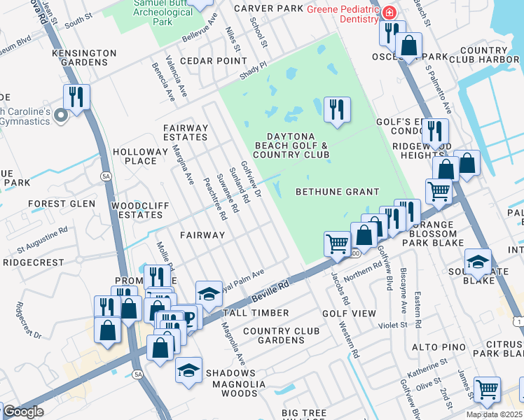 map of restaurants, bars, coffee shops, grocery stores, and more near 1393 Sunland Road in Daytona Beach