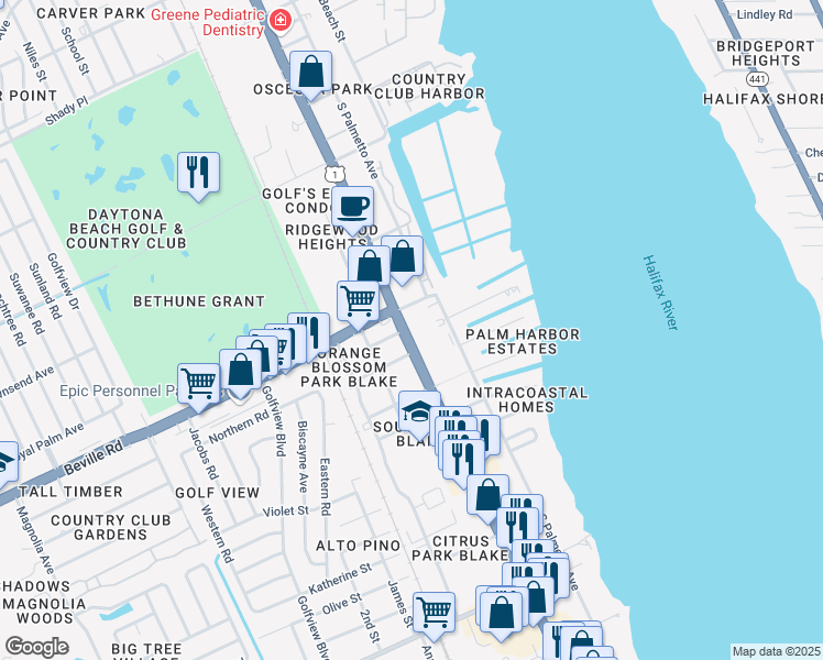map of restaurants, bars, coffee shops, grocery stores, and more near 1635 South Ridgewood Avenue in South Daytona