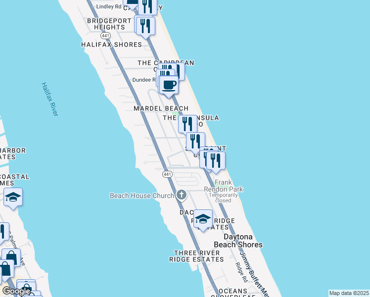 map of restaurants, bars, coffee shops, grocery stores, and more near 150 Florida Shores Boulevard in Daytona Beach Shores
