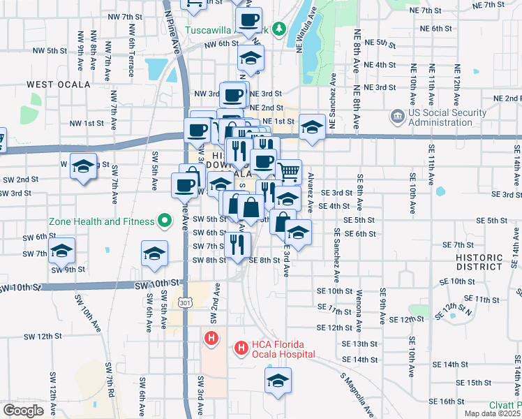 map of restaurants, bars, coffee shops, grocery stores, and more near 114 Southeast 5th Street in Ocala