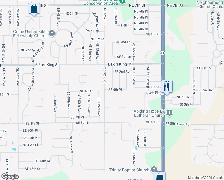 map of restaurants, bars, coffee shops, grocery stores, and more near 5340 Southeast 4th Place in Ocala