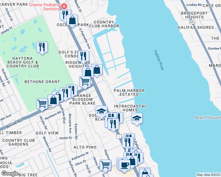 map of restaurants, bars, coffee shops, grocery stores, and more near 1648 South Palmetto Avenue in South Daytona