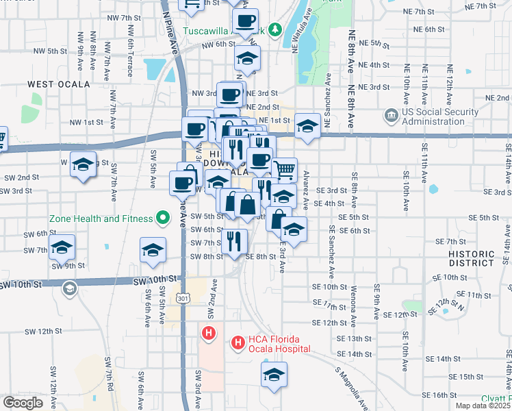 map of restaurants, bars, coffee shops, grocery stores, and more near 114 Southeast 5th Street in Ocala