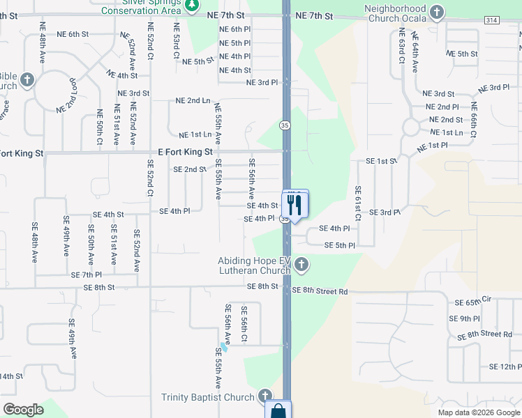 map of restaurants, bars, coffee shops, grocery stores, and more near 5700 Southeast 4th Street in Ocala