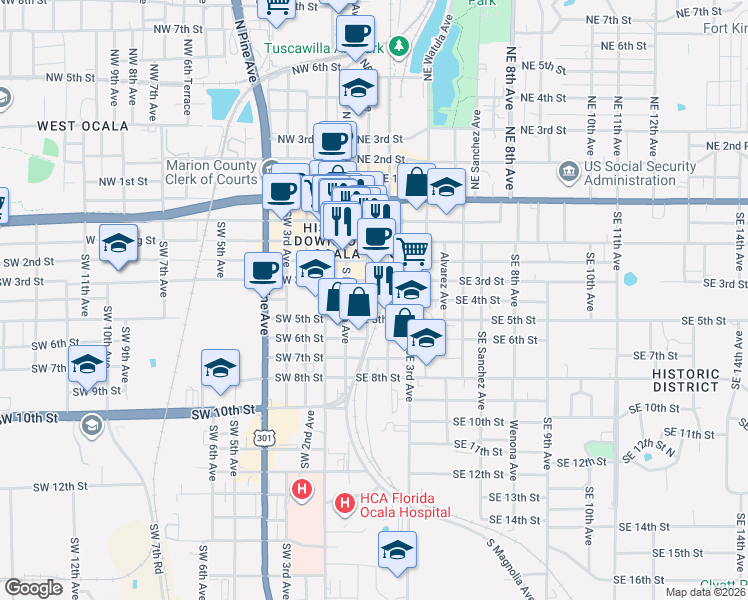 map of restaurants, bars, coffee shops, grocery stores, and more near 305 Southeast 1st Avenue in Ocala
