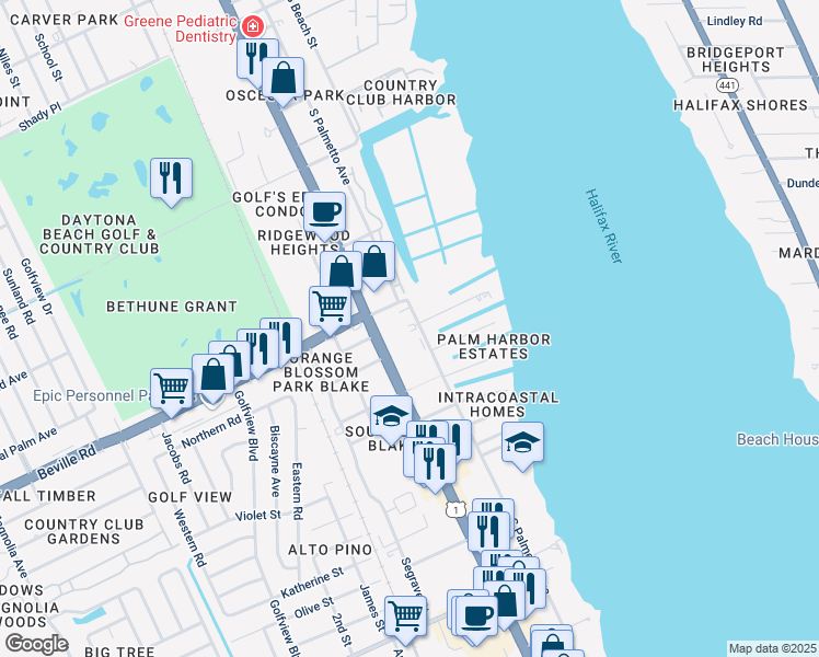 map of restaurants, bars, coffee shops, grocery stores, and more near 1541 Florida 5 in Daytona Beach