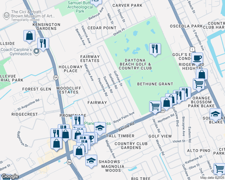 map of restaurants, bars, coffee shops, grocery stores, and more near 1253 Suwanee Road in Daytona Beach