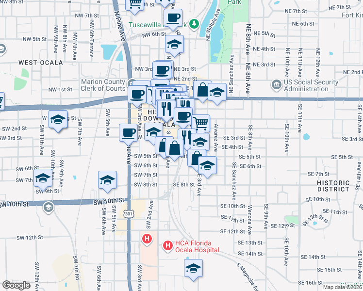 map of restaurants, bars, coffee shops, grocery stores, and more near 305 Southeast 1st Avenue in Ocala
