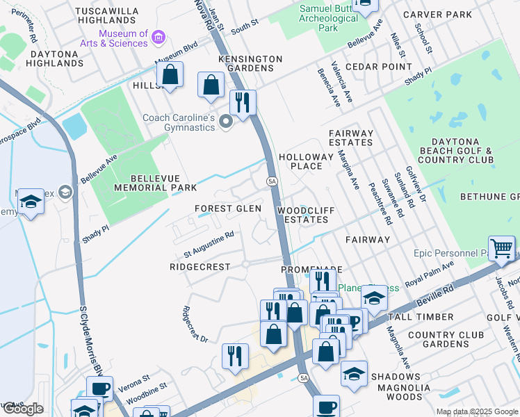 map of restaurants, bars, coffee shops, grocery stores, and more near 251 Oak Tree Circle in Daytona Beach
