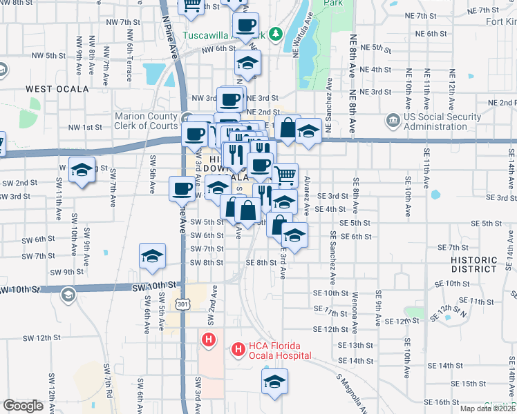 map of restaurants, bars, coffee shops, grocery stores, and more near 305 Southeast 1st Avenue in Ocala