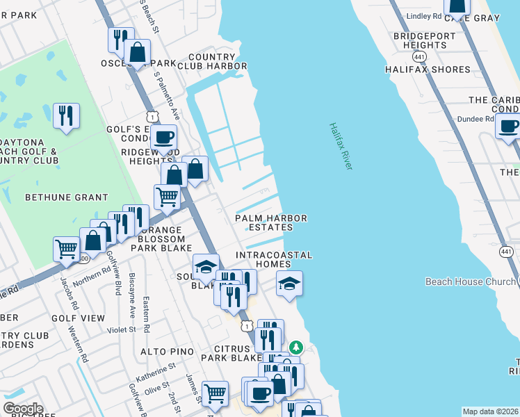 map of restaurants, bars, coffee shops, grocery stores, and more near 138 Coral Circle in Daytona Beach