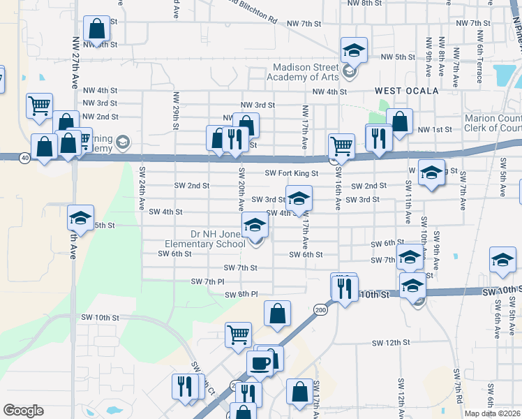 map of restaurants, bars, coffee shops, grocery stores, and more near 1853 Southwest 3rd Street in Ocala