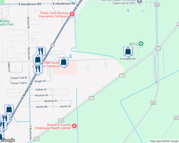 map of restaurants, bars, coffee shops, grocery stores, and more near 14 Rayburn Ridge in Angleton